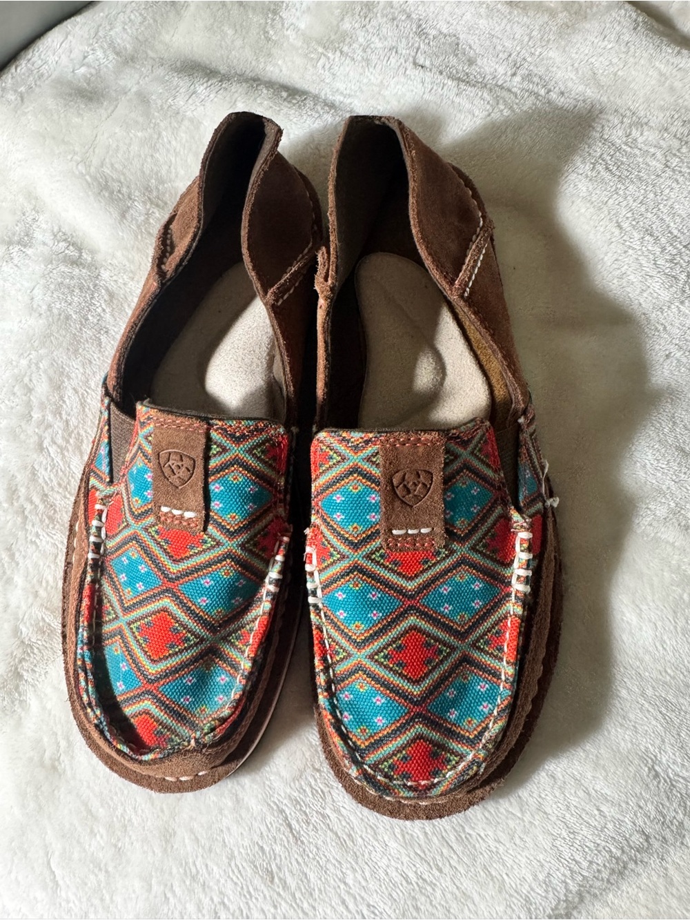 Ariat Brown Suede Flats with Turquoise & Red Aztec Print